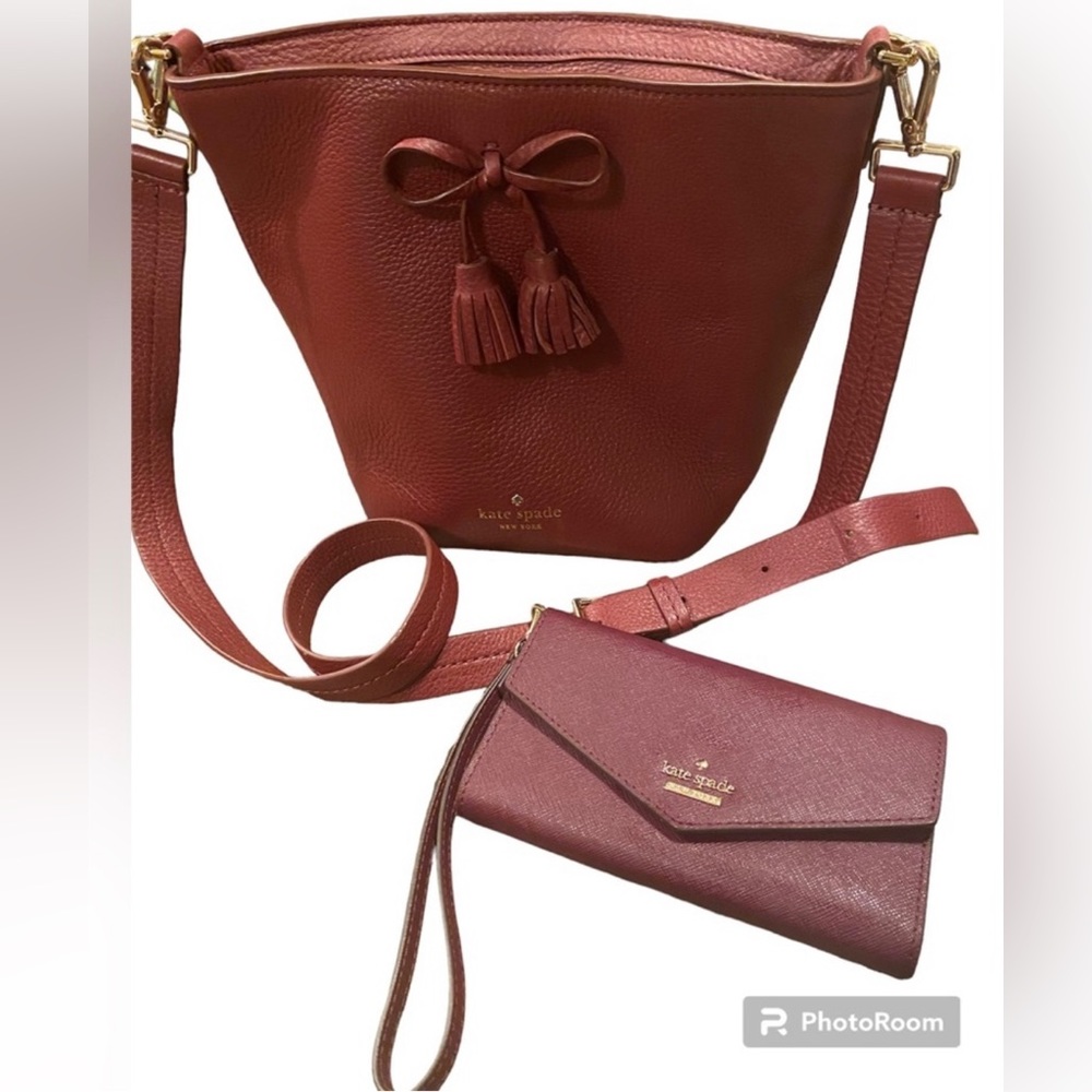 NEW KATE SPADE ♠️ WINE PEBBLE LEATHER BUCKET PURSE & SAFFION LEATHER WALLET
